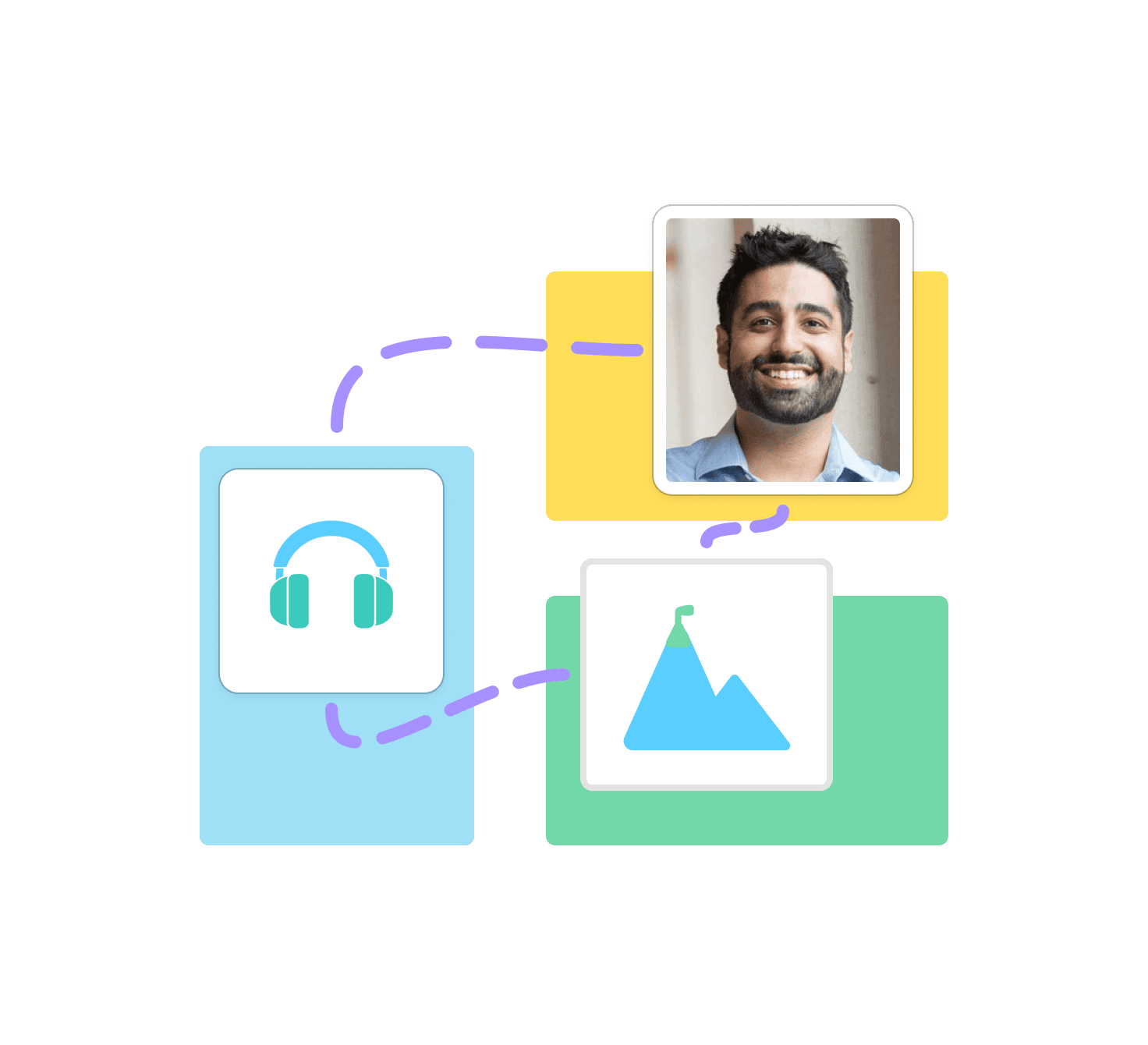 Headphone, bullseye, and mountain icons